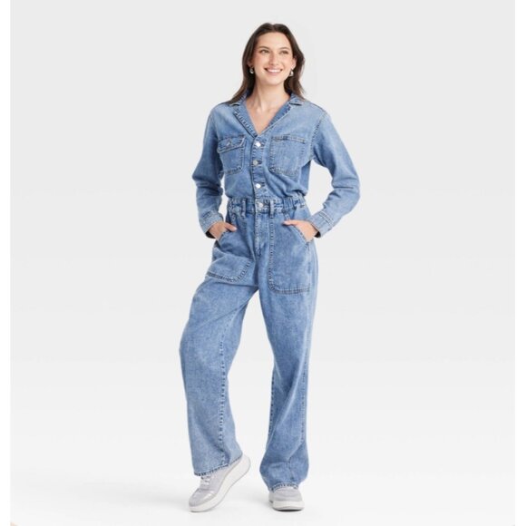 Universal Thread Denim Long Sleeve Button Front Straight Leg Jumpsuit 6R - Picture 1 of 9
